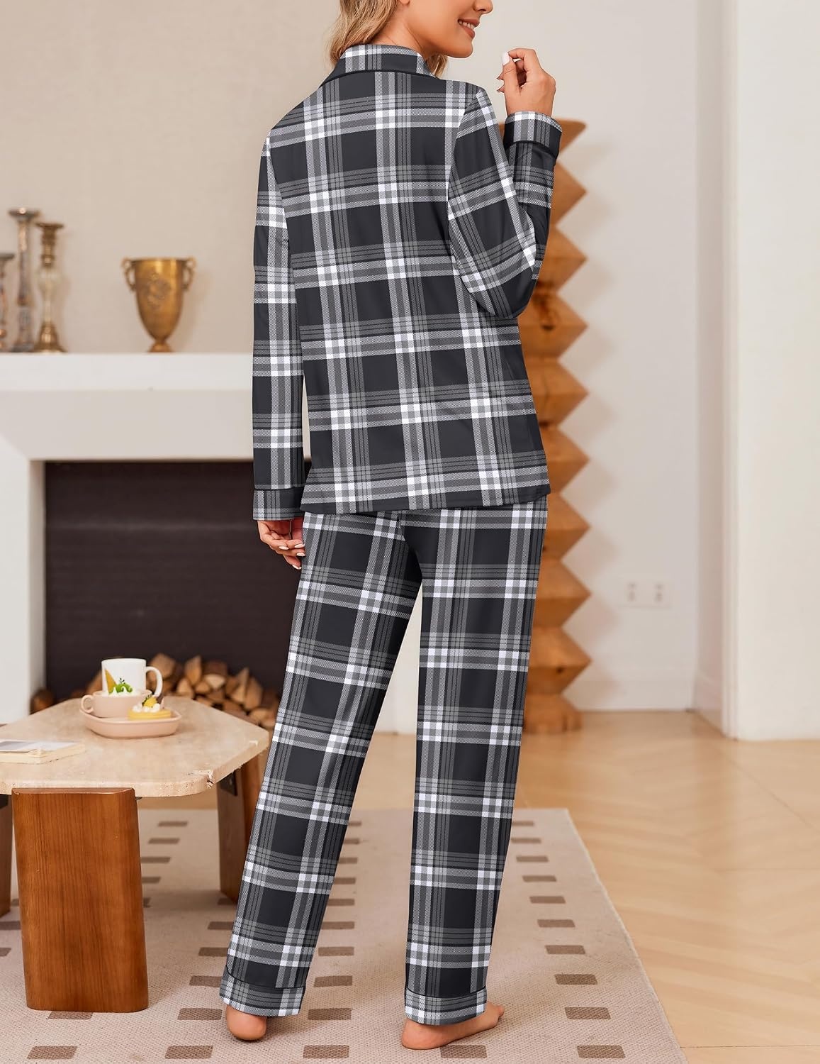 image:imageEkouaer Womens Pajama Sets Button Down Long Sleeve amp Pants loungewearGrey Plaid