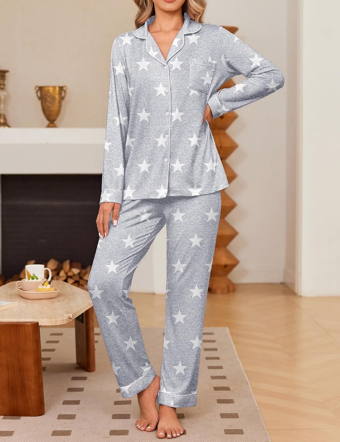 image:imageEkouaer Womens Pajama Sets Button Down Long Sleeve amp Pants loungewearLight Grey Star