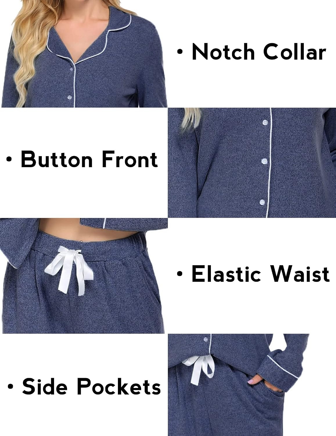 image:imageEkouaer Womens Pajamas Long Sleeve Loungewear Casual Button Down Pjs Soft SleepwearNotch CollarElastic Waist Pants with Side PocketsAdjustable DrawstringPajama PartyMaternityPostpartumDark Blue