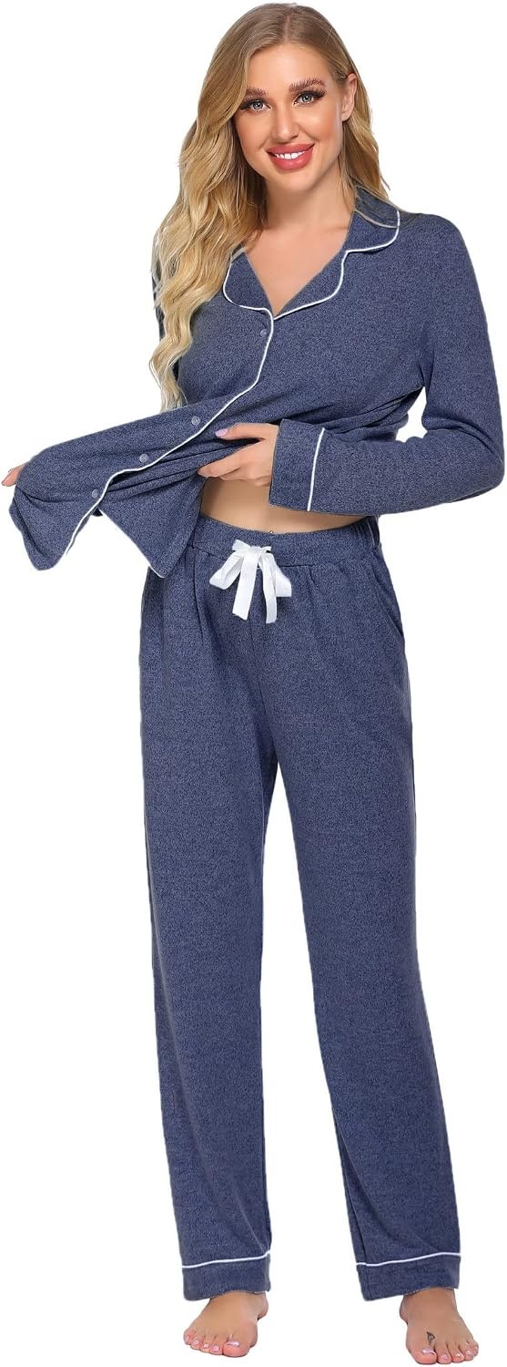 image:imageEkouaer Womens Pajamas Long Sleeve Loungewear Casual Button Down Pjs Soft SleepwearNotch CollarElastic Waist Pants with Side PocketsAdjustable DrawstringPajama PartyMaternityPostpartumDark Blue