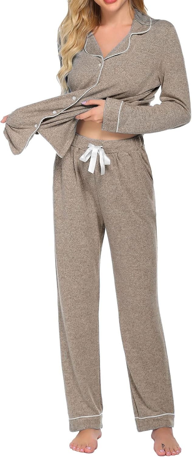image:imageEkouaer Womens Pajamas Long Sleeve Loungewear Casual Button Down Pjs Soft SleepwearNotch CollarElastic Waist Pants with Side PocketsAdjustable DrawstringPajama PartyMaternityPostpartumLight Grey Khaki