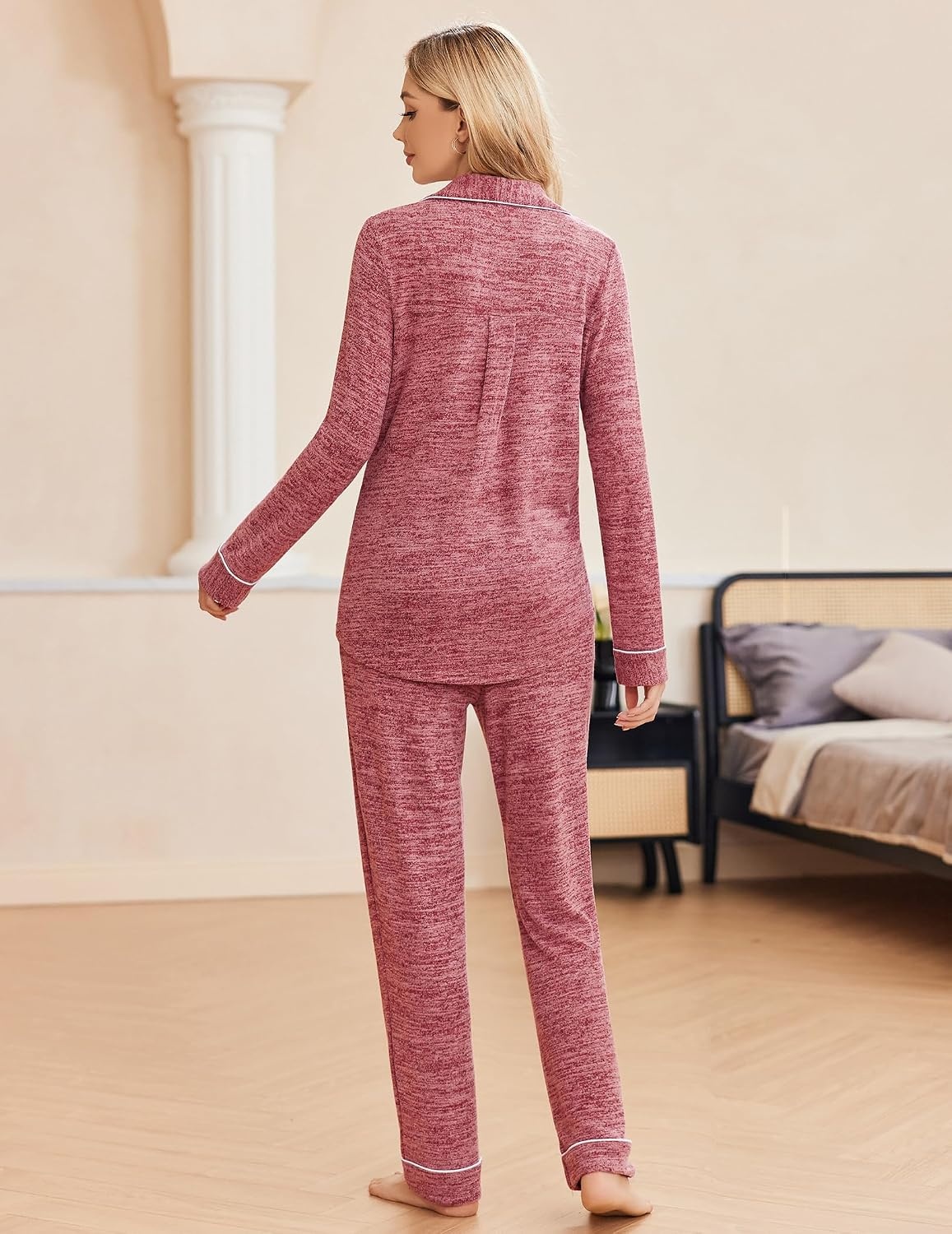 image:imageEkouaer Womens Pajamas Long Sleeve Loungewear Casual Button Down Pjs Soft SleepwearNotch CollarElastic Waist Pants with Side PocketsAdjustable DrawstringPajama PartyMaternityPostpartumWine