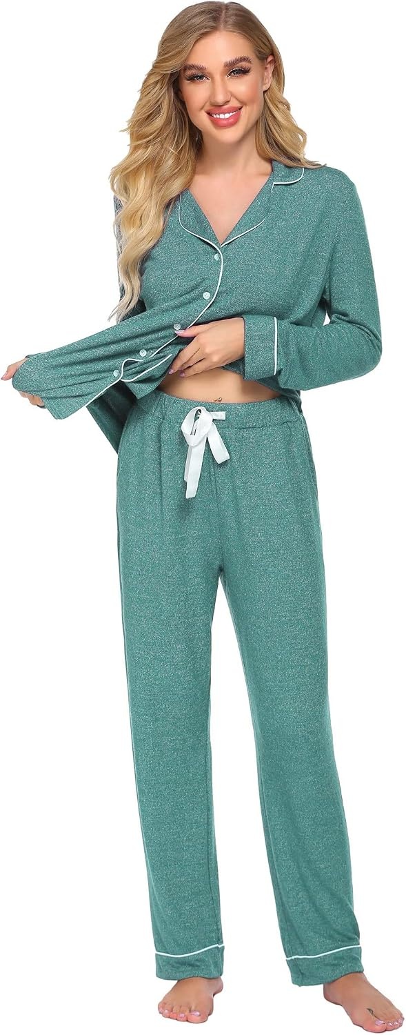 image:imageEkouaer Womens Pajamas Long Sleeve Loungewear Casual Button Down Pjs Soft SleepwearNotch CollarElastic Waist Pants with Side PocketsAdjustable DrawstringPajama PartyMaternityPostpartumGreen