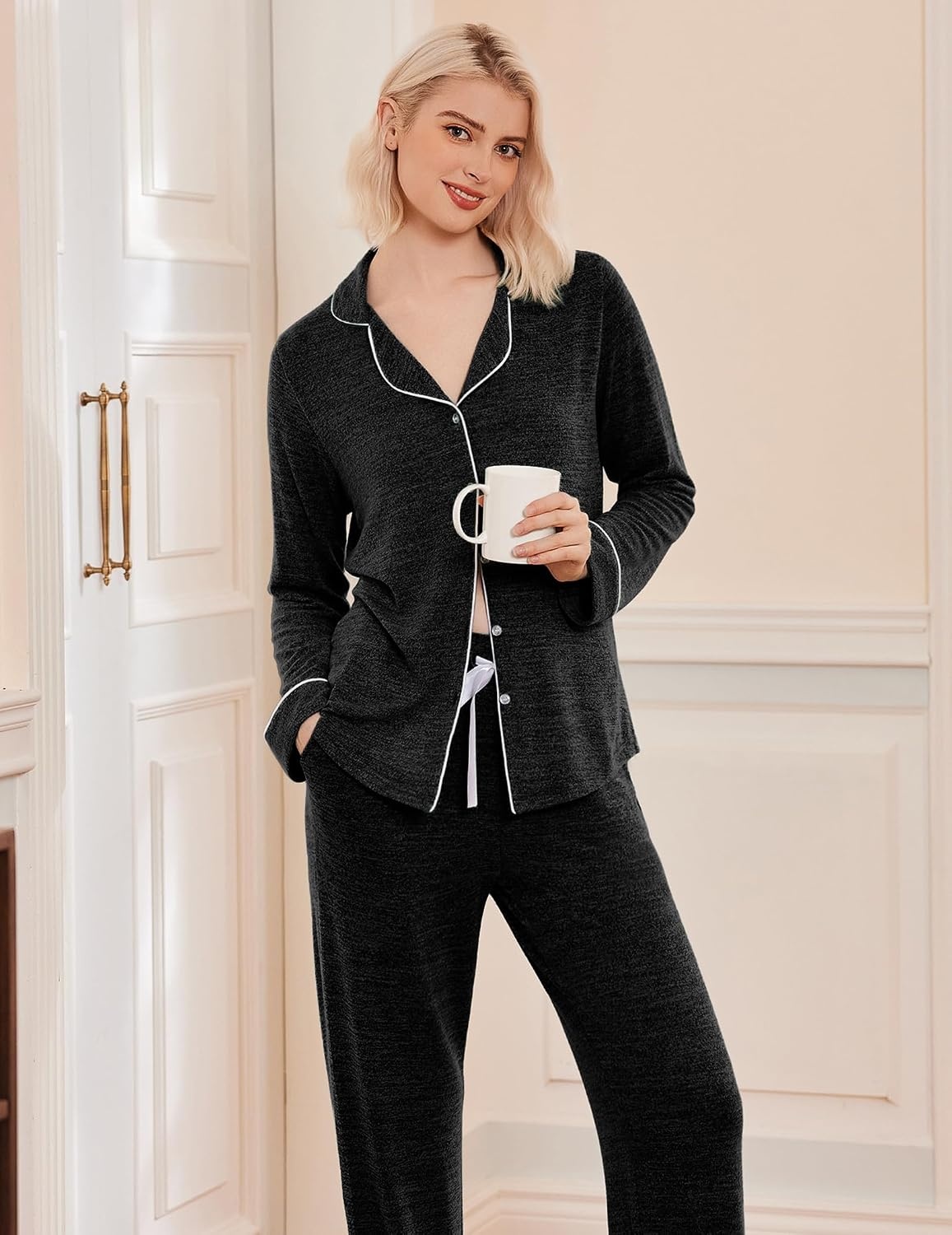 image:imageEkouaer Womens Pajamas Long Sleeve Loungewear Casual Button Down Pjs Soft SleepwearNotch CollarElastic Waist Pants with Side PocketsAdjustable DrawstringPajama PartyMaternityPostpartumBlack