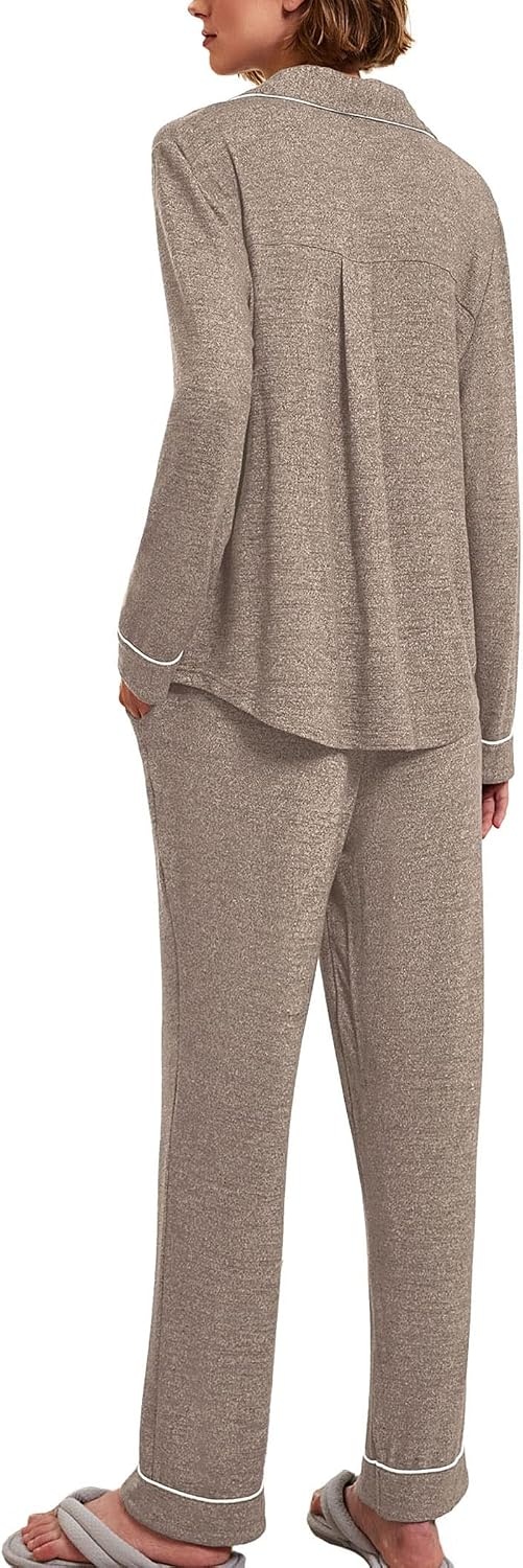 image:imageEkouaer Womens Pajamas Long Sleeve Loungewear Casual Button Down Pjs Soft SleepwearNotch CollarElastic Waist Pants with Side PocketsAdjustable DrawstringPajama PartyMaternityPostpartumLight Grey Khaki