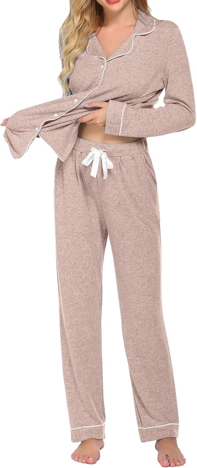 image:imageEkouaer Womens Pajamas Long Sleeve Loungewear Casual Button Down Pjs Soft SleepwearNotch CollarElastic Waist Pants with Side PocketsAdjustable DrawstringPajama PartyMaternityPostpartumLight Pink
