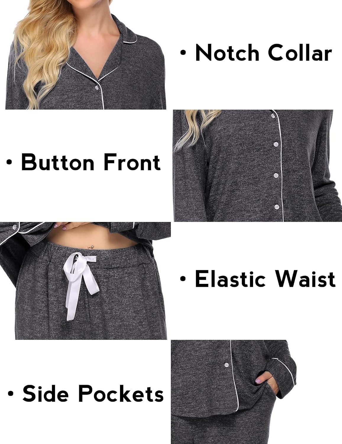 image:imageEkouaer Womens Pajamas Long Sleeve Loungewear Casual Button Down Pjs Soft SleepwearNotch CollarElastic Waist Pants with Side PocketsAdjustable DrawstringPajama PartyMaternityPostpartumDark Grey