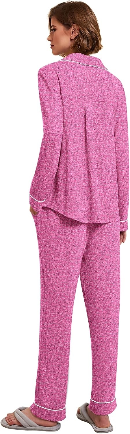 image:imageEkouaer Womens Pajamas Long Sleeve Loungewear Casual Button Down Pjs Soft SleepwearNotch CollarElastic Waist Pants with Side PocketsAdjustable DrawstringPajama PartyMaternityPostpartumRosy