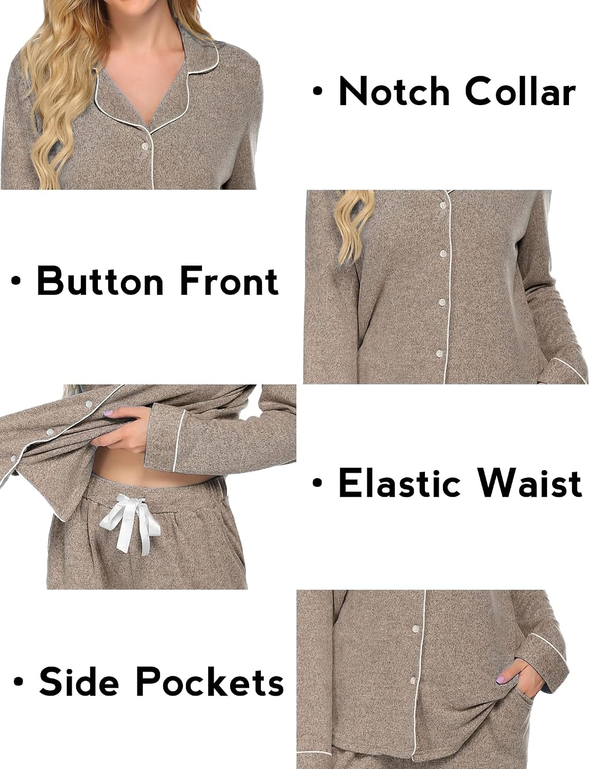 image:imageEkouaer Womens Pajamas Long Sleeve Loungewear Casual Button Down Pjs Soft SleepwearNotch CollarElastic Waist Pants with Side PocketsAdjustable DrawstringPajama PartyMaternityPostpartumLight Grey Khaki