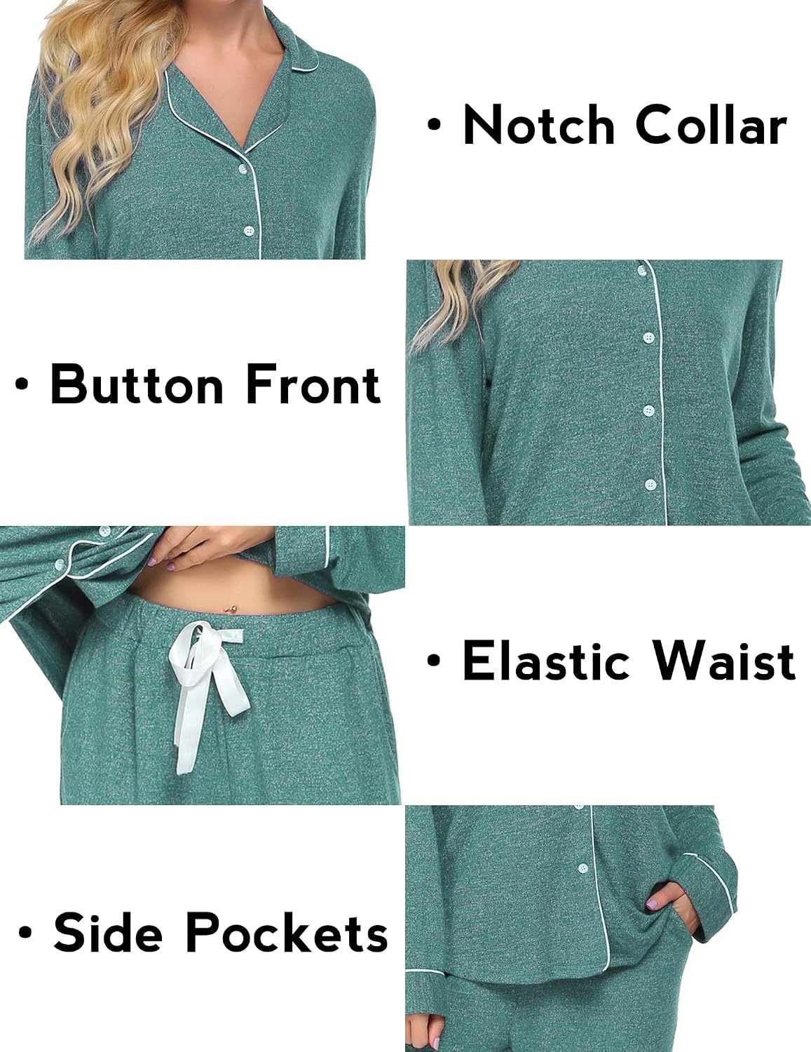 image:imageEkouaer Womens Pajamas Long Sleeve Loungewear Casual Button Down Pjs Soft SleepwearNotch CollarElastic Waist Pants with Side PocketsAdjustable DrawstringPajama PartyMaternityPostpartumGreen