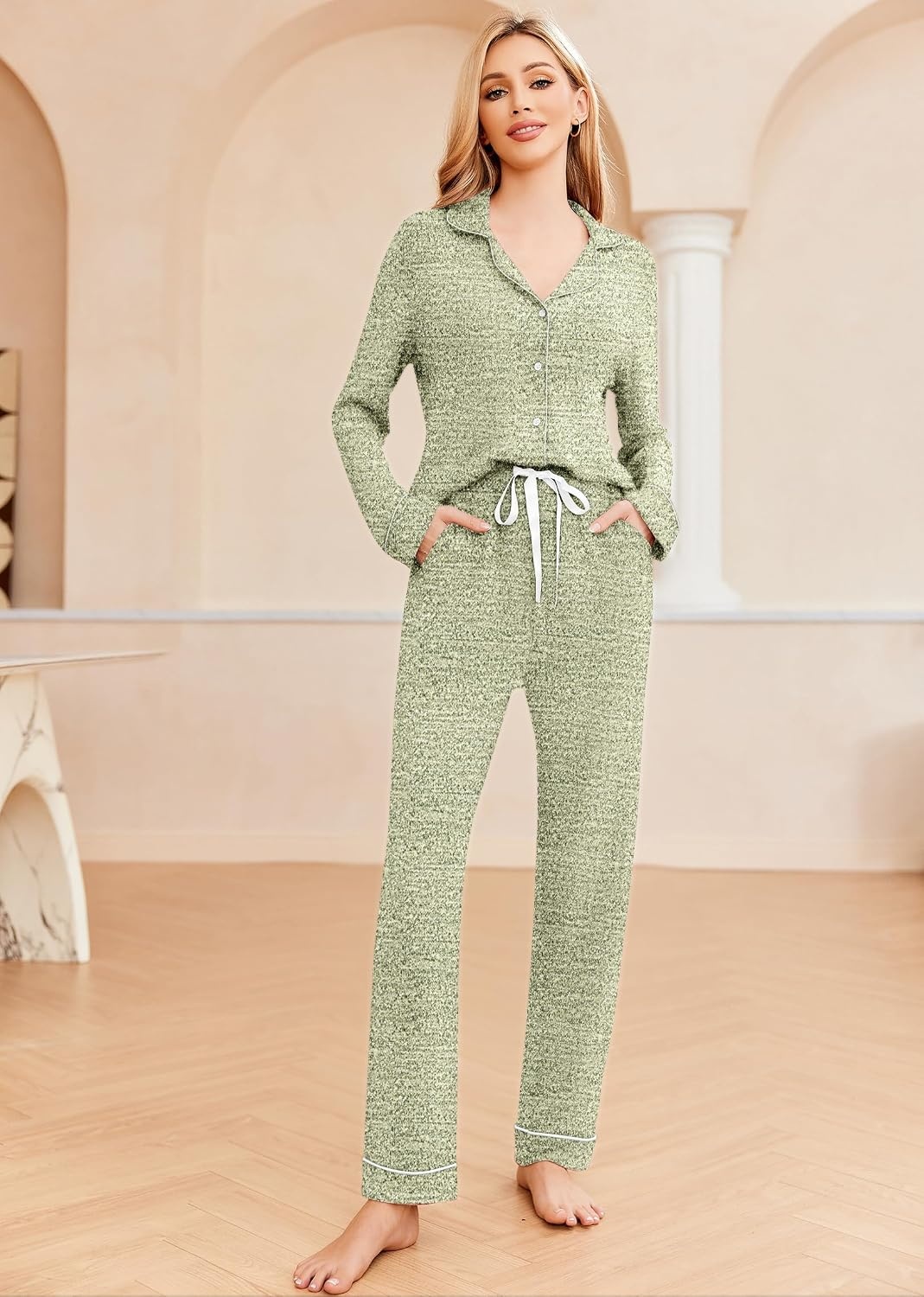 image:imageEkouaer Womens Pajamas Long Sleeve Loungewear Casual Button Down Pjs Soft SleepwearNotch CollarElastic Waist Pants with Side PocketsAdjustable DrawstringPajama PartyMaternityPostpartumLight Green