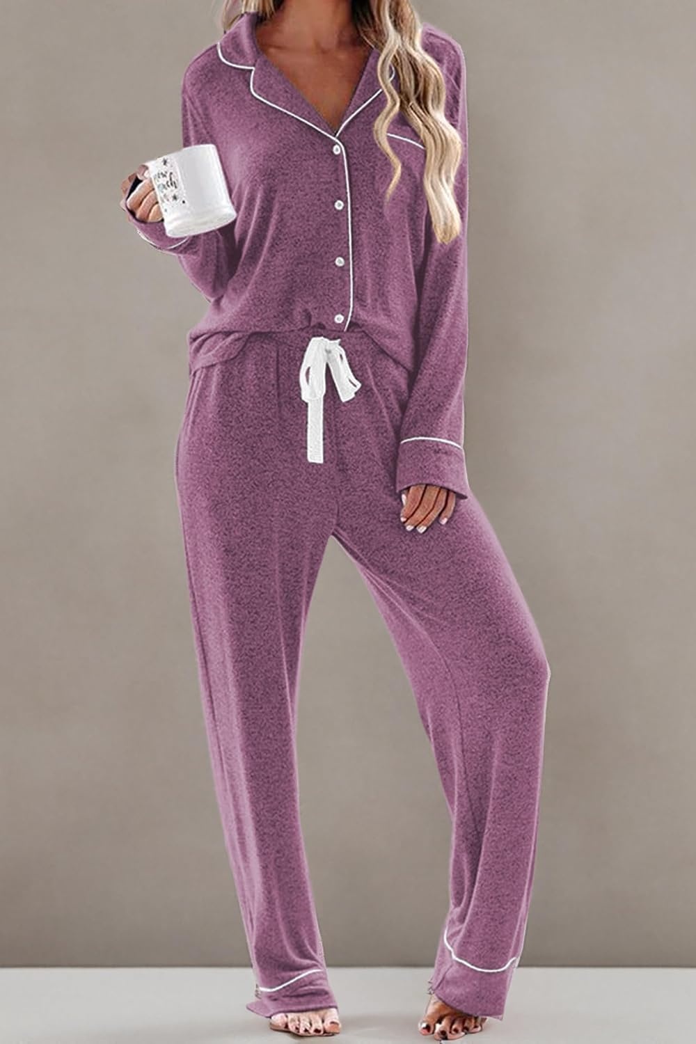 image:imageEkouaer Womens Pajamas Long Sleeve Loungewear Casual Button Down Pjs Soft SleepwearNotch CollarElastic Waist Pants with Side PocketsAdjustable DrawstringPajama PartyMaternityPostpartumCherry Red