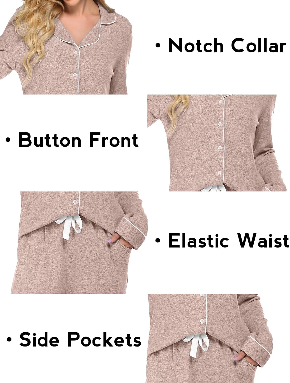 image:imageEkouaer Womens Pajamas Long Sleeve Loungewear Casual Button Down Pjs Soft SleepwearNotch CollarElastic Waist Pants with Side PocketsAdjustable DrawstringPajama PartyMaternityPostpartumLight Pink