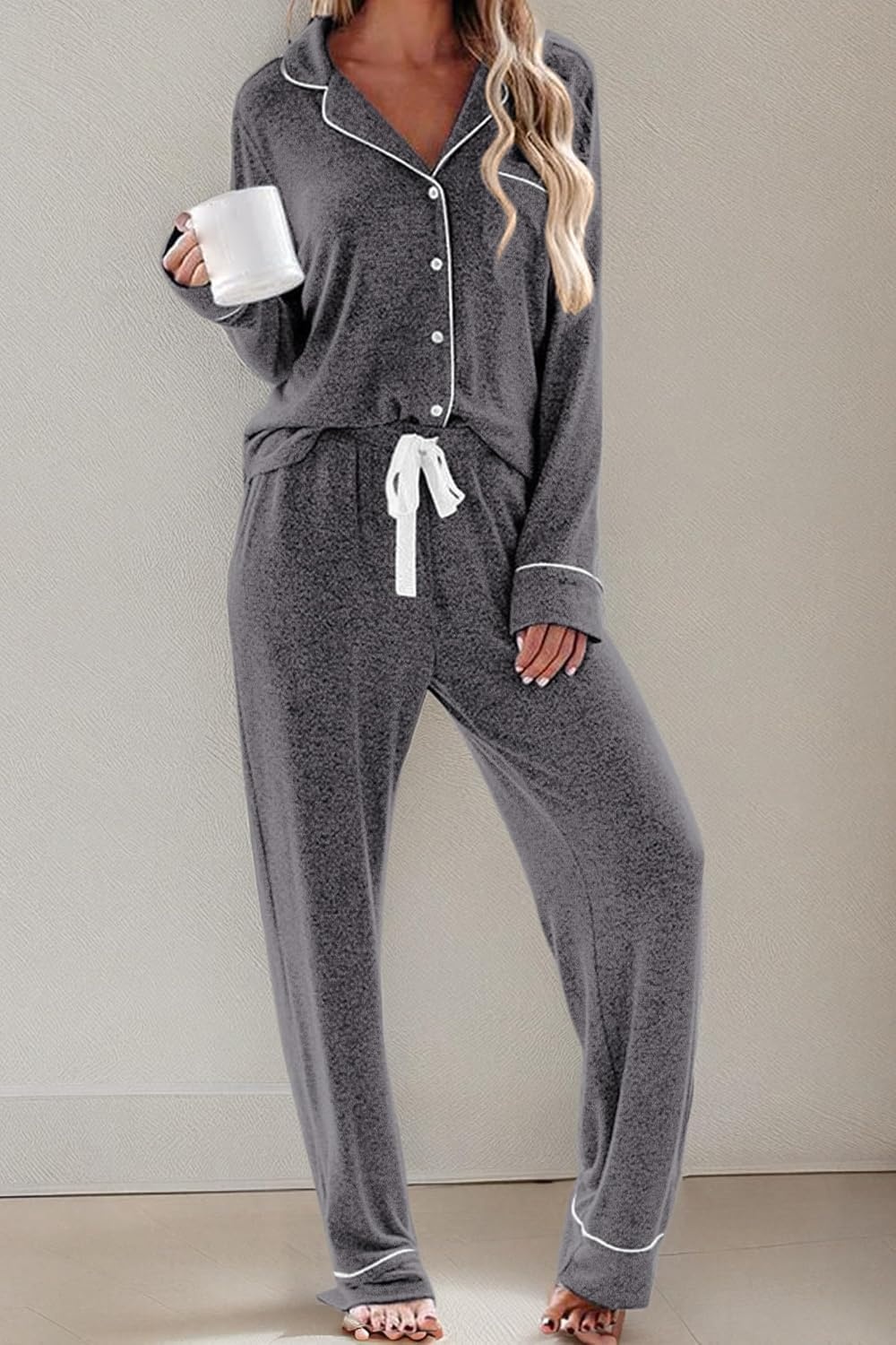 image:imageEkouaer Womens Pajamas Long Sleeve Loungewear Casual Button Down Pjs Soft SleepwearNotch CollarElastic Waist Pants with Side PocketsAdjustable DrawstringPajama PartyMaternityPostpartumFlower Grey
