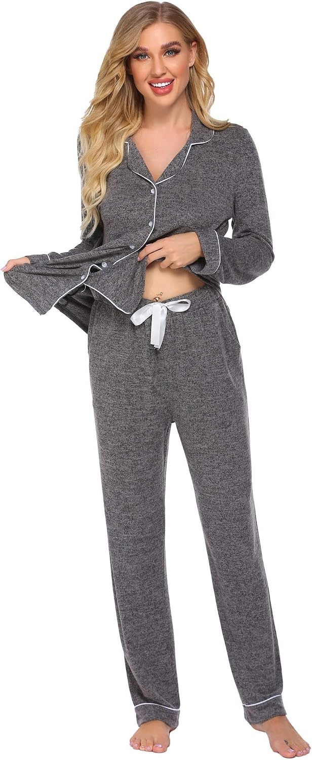 image:imageEkouaer Womens Pajamas Long Sleeve Loungewear Casual Button Down Pjs Soft SleepwearNotch CollarElastic Waist Pants with Side PocketsAdjustable DrawstringPajama PartyMaternityPostpartumFlower Grey