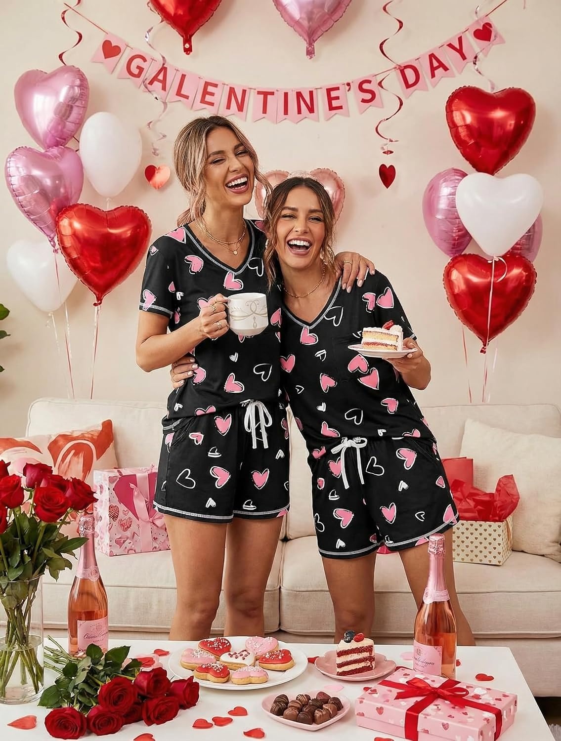image:imageEkouaer Womens Pajamas Sets Short Sleeve Pjs Two Piece Sleepwear Casual Lounge Sets With PocketsBlack Pink Heart