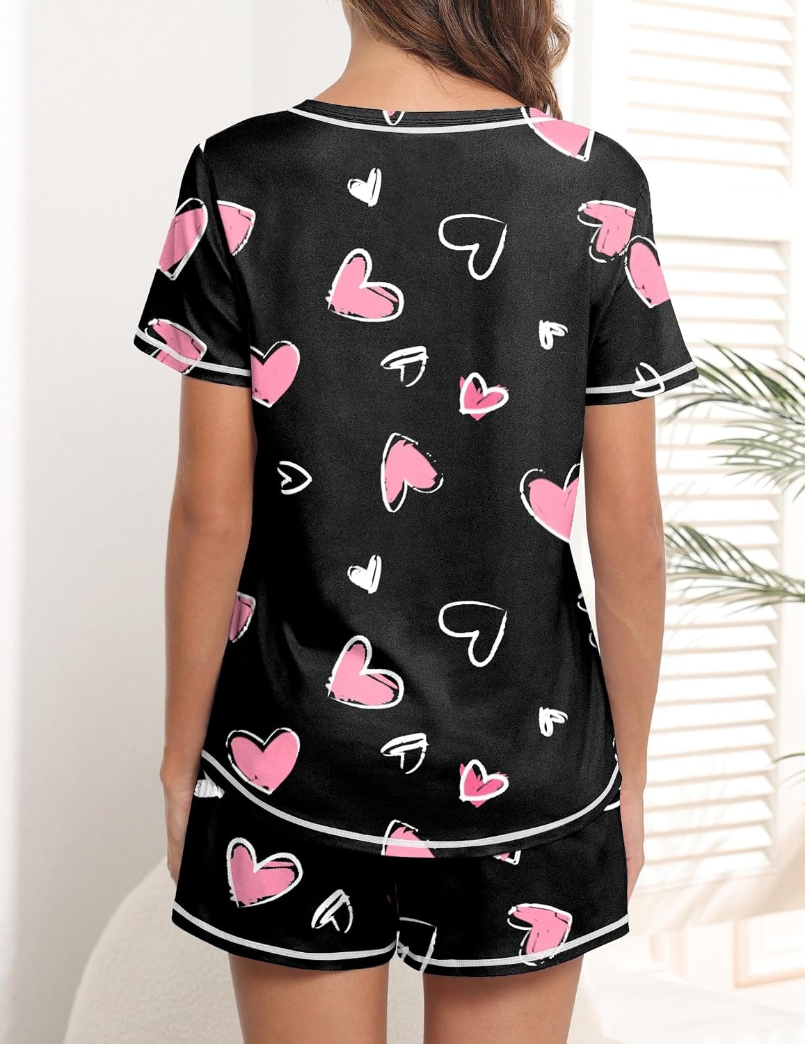 image:imageEkouaer Womens Pajamas Sets Short Sleeve Pjs Two Piece Sleepwear Casual Lounge Sets With PocketsBlack Pink Heart