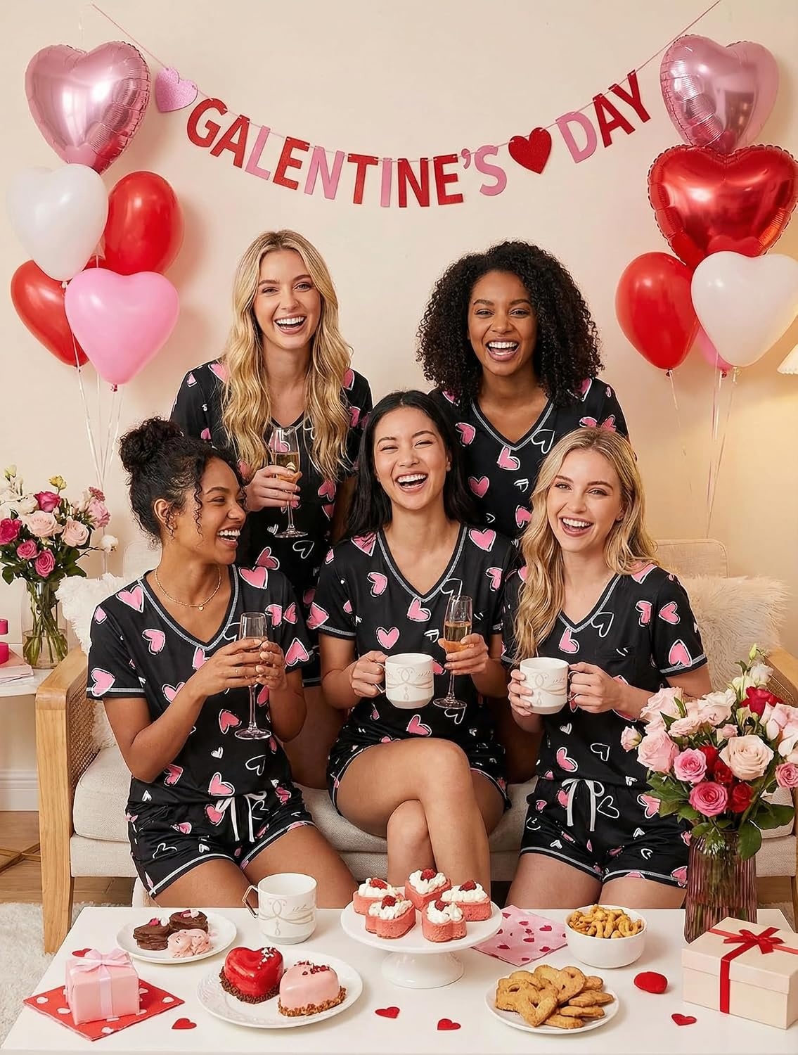 image:imageEkouaer Womens Pajamas Sets Short Sleeve Pjs Two Piece Sleepwear Casual Lounge Sets With PocketsBlack Pink Heart