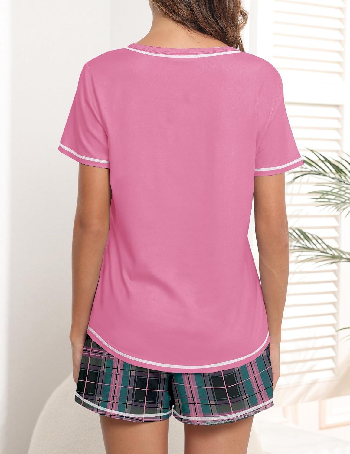 image:imageEkouaer Womens Pajamas Sets Short Sleeve Pjs Two Piece Sleepwear Casual Lounge Sets With PocketsBlack Pink Plaid