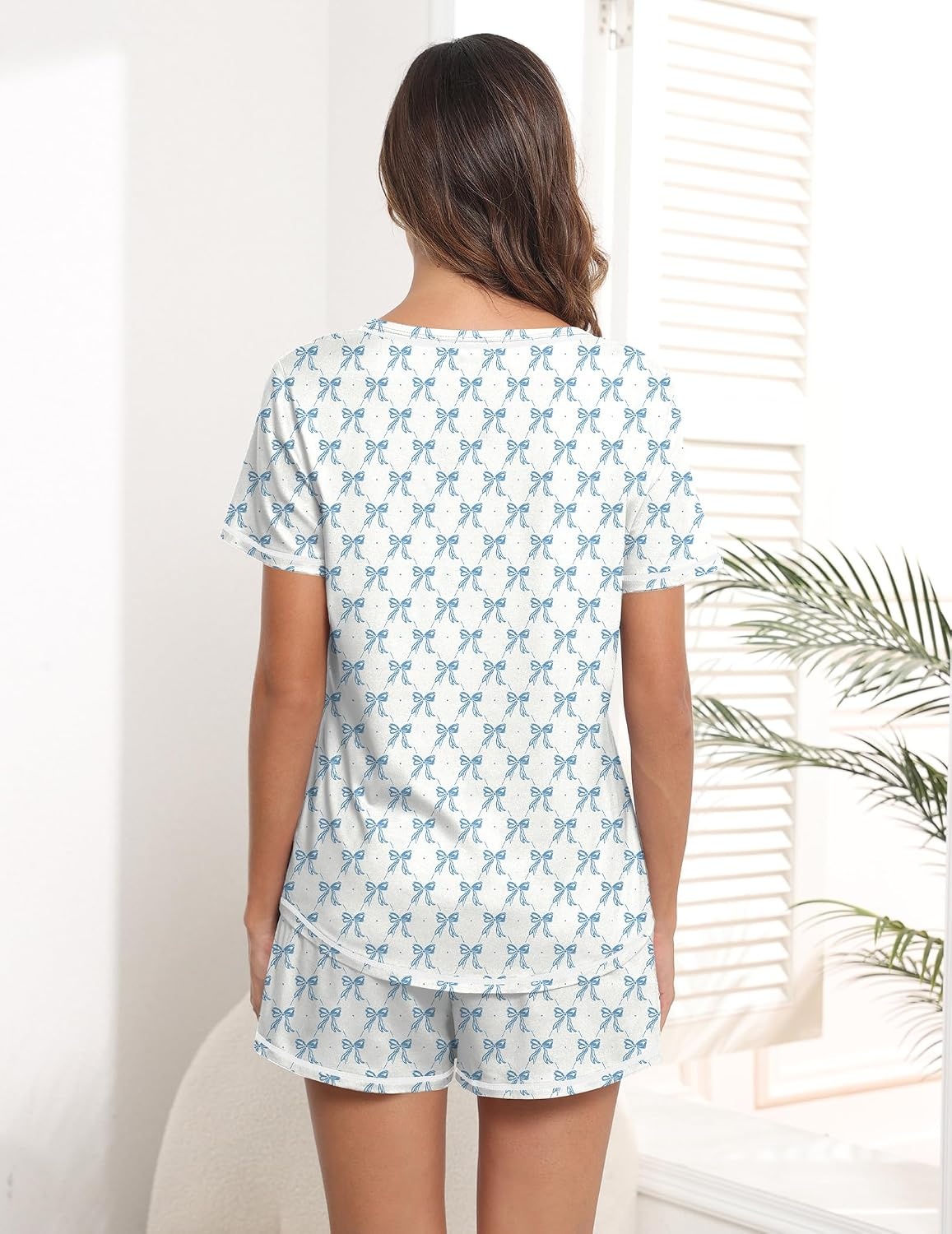 image:imageEkouaer Womens Pajamas Sets Short Sleeve Pjs Two Piece Sleepwear Casual Lounge Sets With PocketsBlue Bow