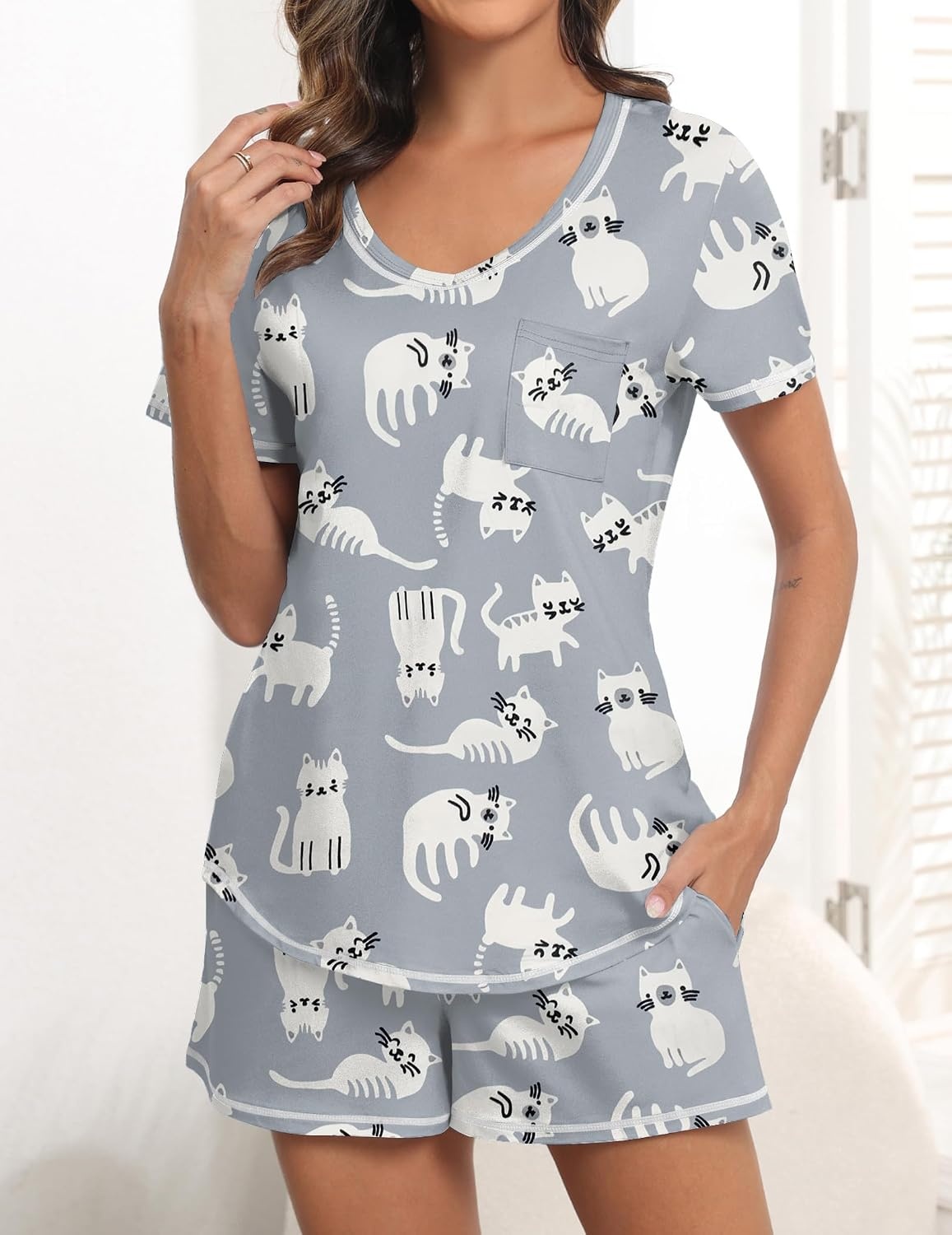 image:imageEkouaer Womens Pajamas Sets Short Sleeve Pjs Two Piece Sleepwear Casual Lounge Sets With PocketsCat