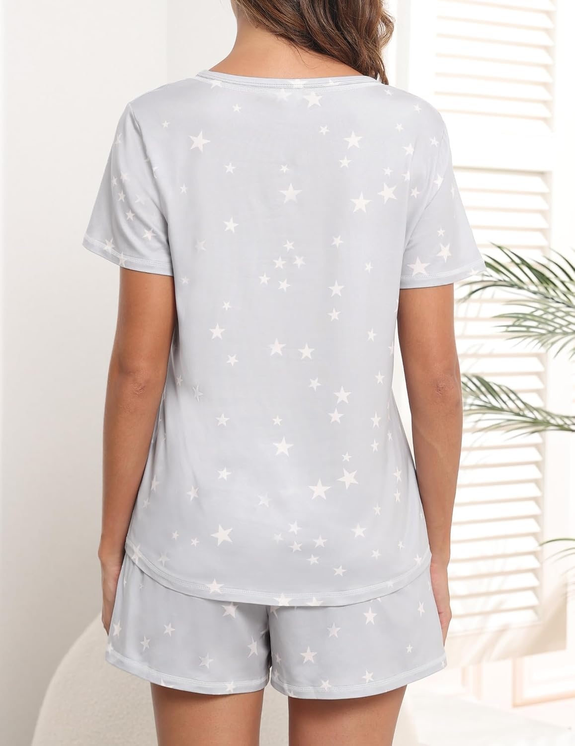 image:imageEkouaer Womens Pajamas Sets Short Sleeve Pjs Two Piece Sleepwear Casual Lounge Sets With PocketsGrey Star