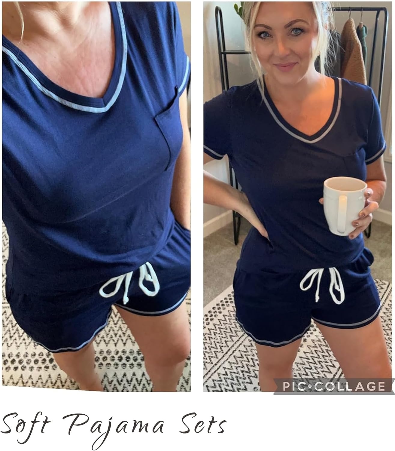 image:imageEkouaer Womens Pajamas Sets Short Sleeve Pjs Two Piece Sleepwear Casual Lounge Sets With PocketsNavy Blue