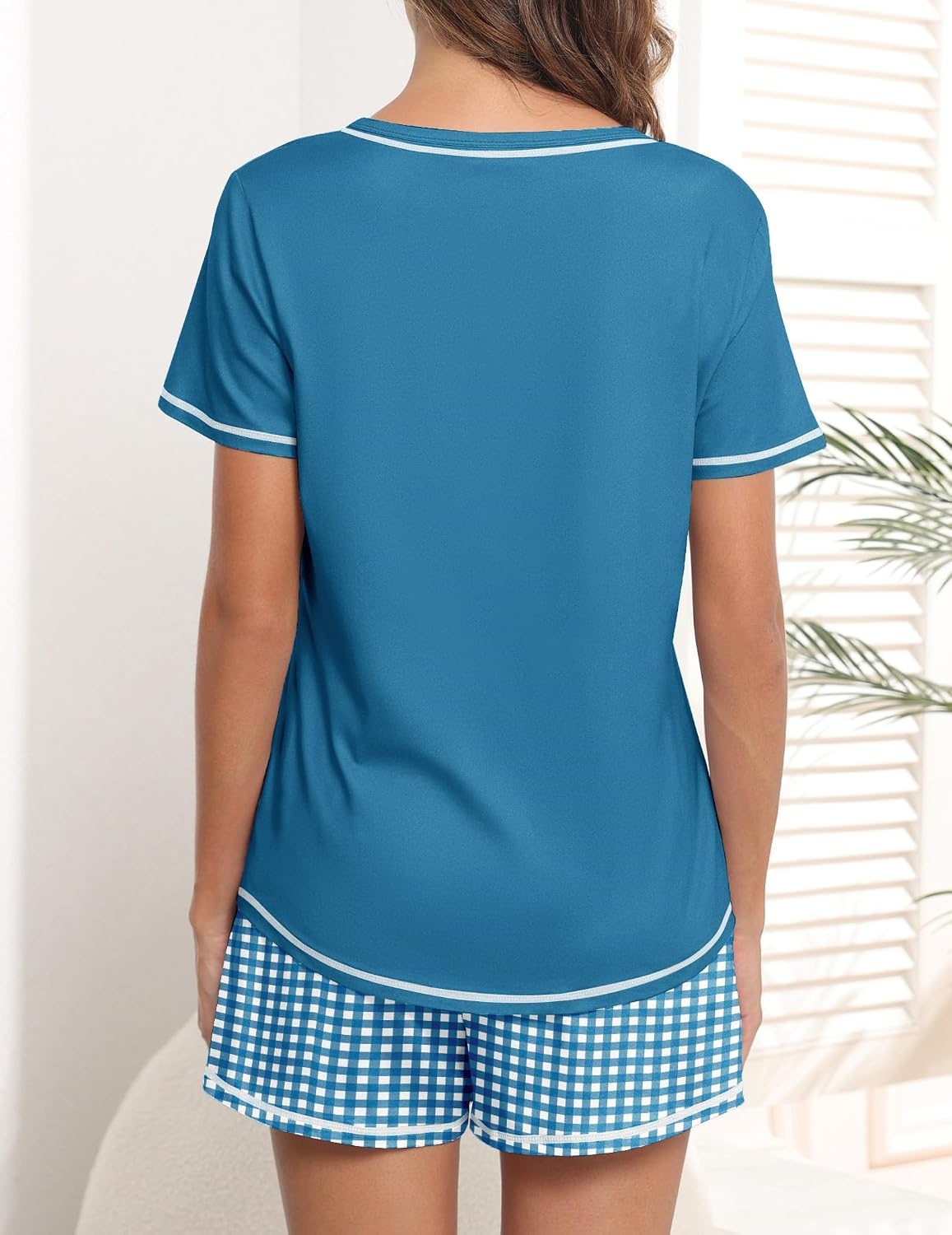 image:imageEkouaer Womens Pajamas Sets Short Sleeve Pjs Two Piece Sleepwear Casual Lounge Sets With PocketsPlaid Blue White