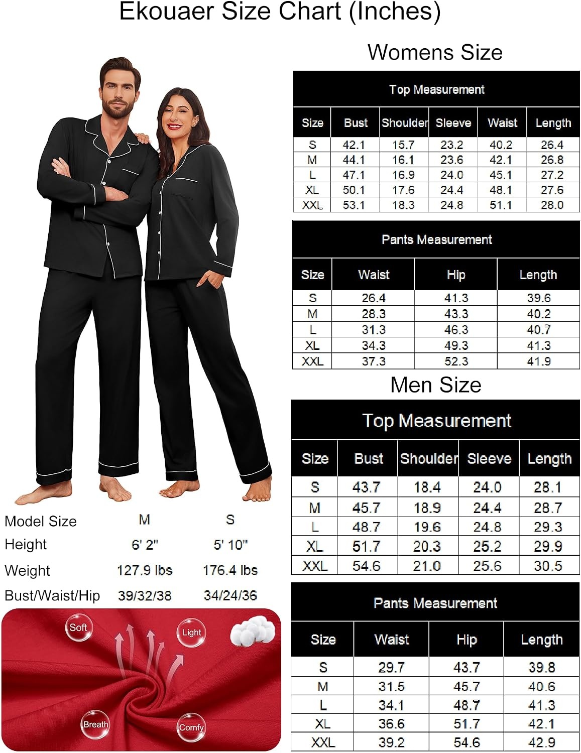 image:imageElouaer Couple Matching Pajamas 100 Cotton Long Sleeve Loungewear Pj Sets Button Down Long Pants Set with PokectsSoft Cozy Sleepwear for HoneymoonAnniversaryFamilyHoliday GiftsRomantic NightBlack