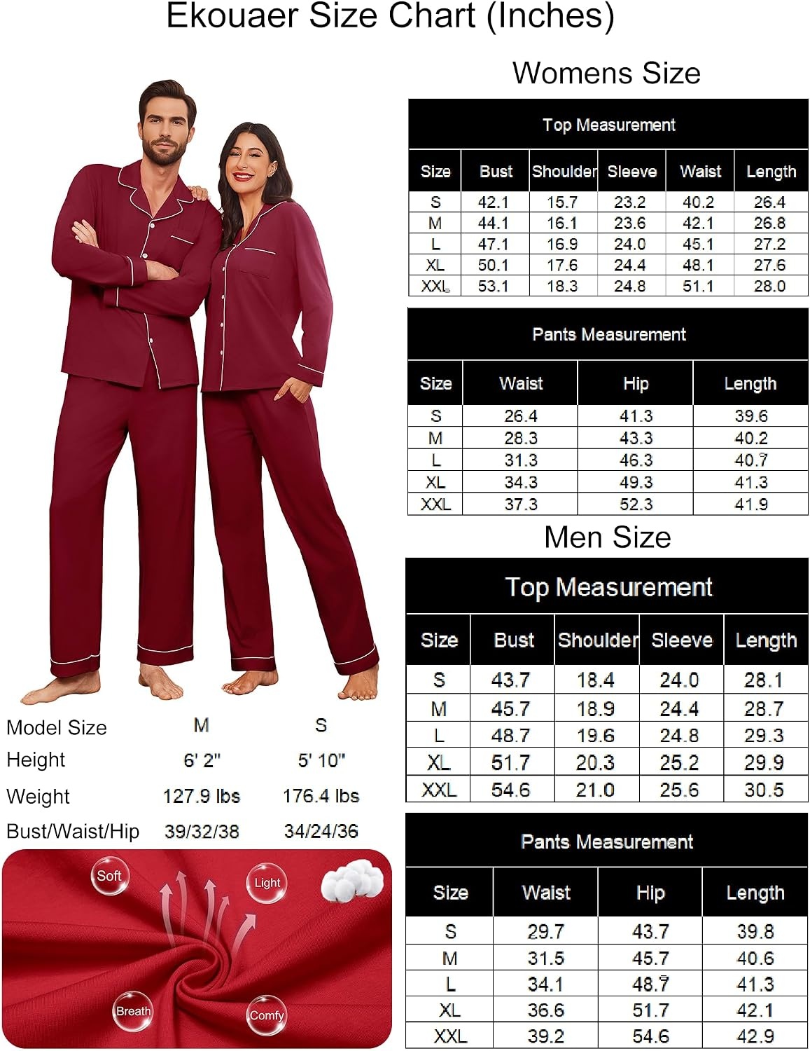 image:imageElouaer Couple Matching Pajamas 100 Cotton Long Sleeve Loungewear Pj Sets Button Down Long Pants Set with PokectsSoft Cozy Sleepwear for HoneymoonAnniversaryFamilyHoliday GiftsRomantic NightWine