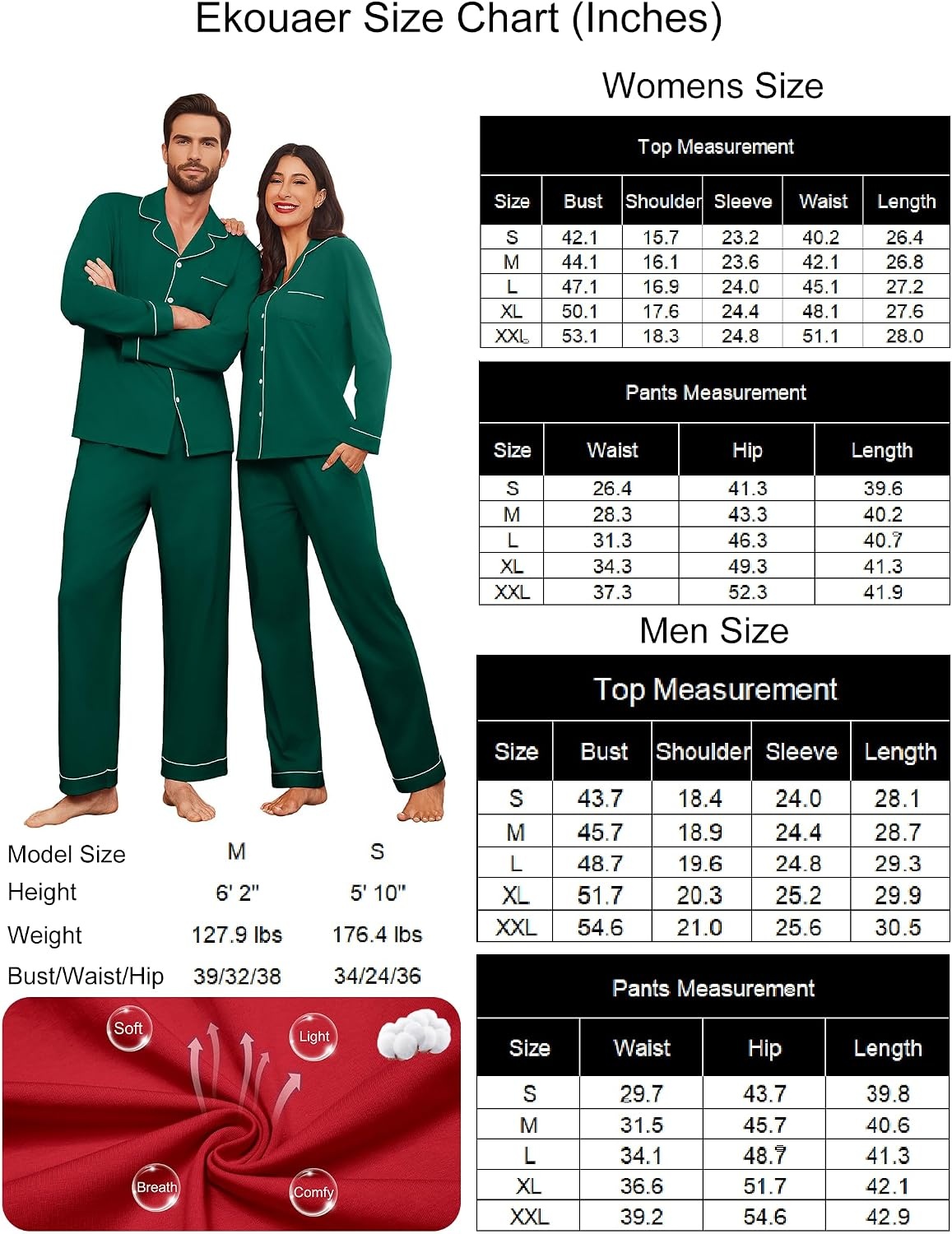 image:imageElouaer Couple Matching Pajamas 100 Cotton Long Sleeve Loungewear Pj Sets Button Down Long Pants Set with PokectsSoft Cozy Sleepwear for HoneymoonAnniversaryFamilyHoliday GiftsRomantic NightGreen