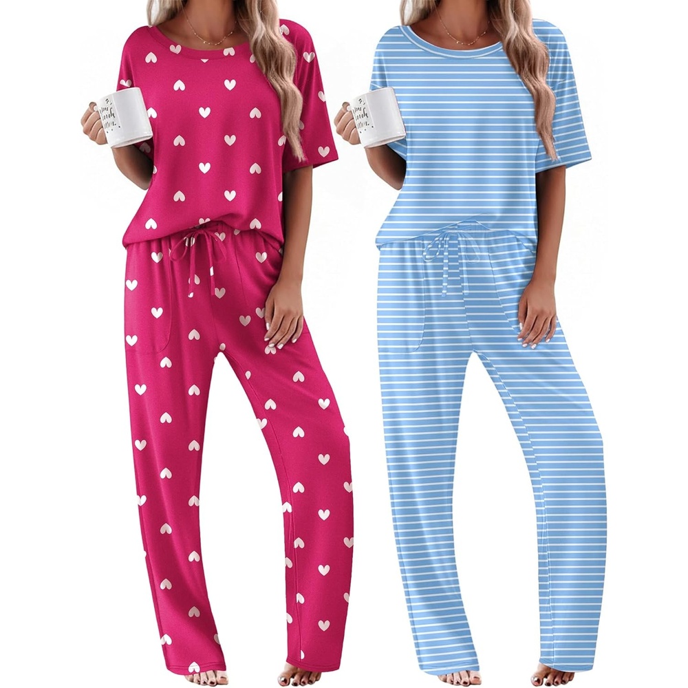 image:imageEkouaer 2 Pack Womens Pajamas Sets Short Sleeve Long Pants Pjs Lounge Set Comfy Soft Crew Neck Sleepwear with PocketsCasual Printed Matching Sets for Daily WearGiftsMomFriendMaternityRose HeartLight Blue Striped
