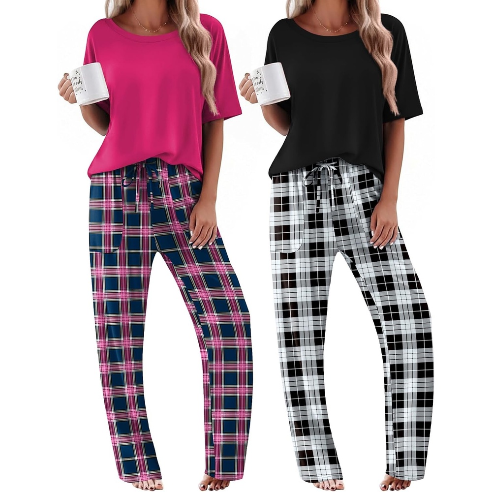 image:imageEkouaer 2 Pack Womens Pajamas Sets Short Sleeve Long Pants Pjs Lounge Set Comfy Soft Crew Neck Sleepwear with PocketsCasual Printed Matching Sets for Daily WearGiftsMomFriendMaternityRose PlaidBlack Plaid