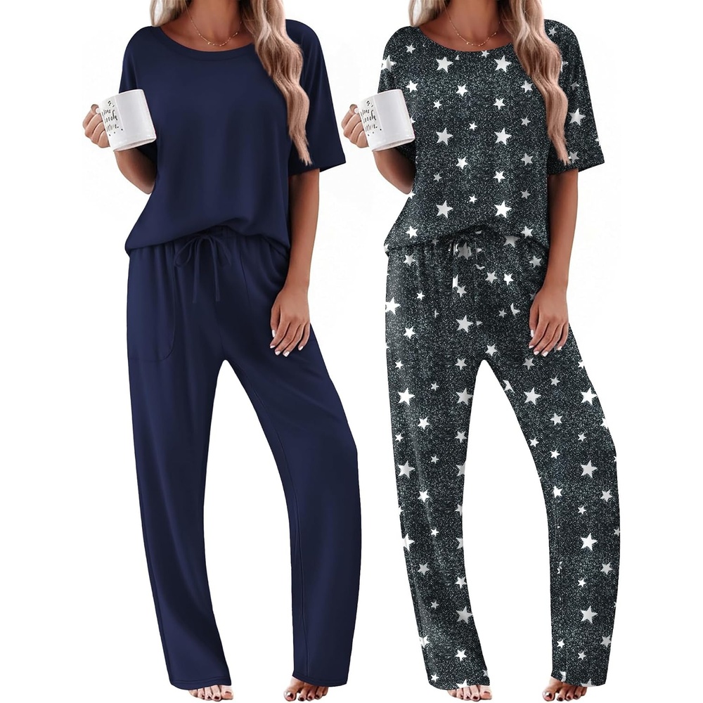 image:imageEkouaer 2 Pack Womens Pajamas Sets Short Sleeve Long Pants Pjs Lounge Set Comfy Soft Crew Neck Sleepwear with PocketsCasual Printed Matching Sets for Daily WearGiftsMomFriendMaternityDark Grey StarsNavy