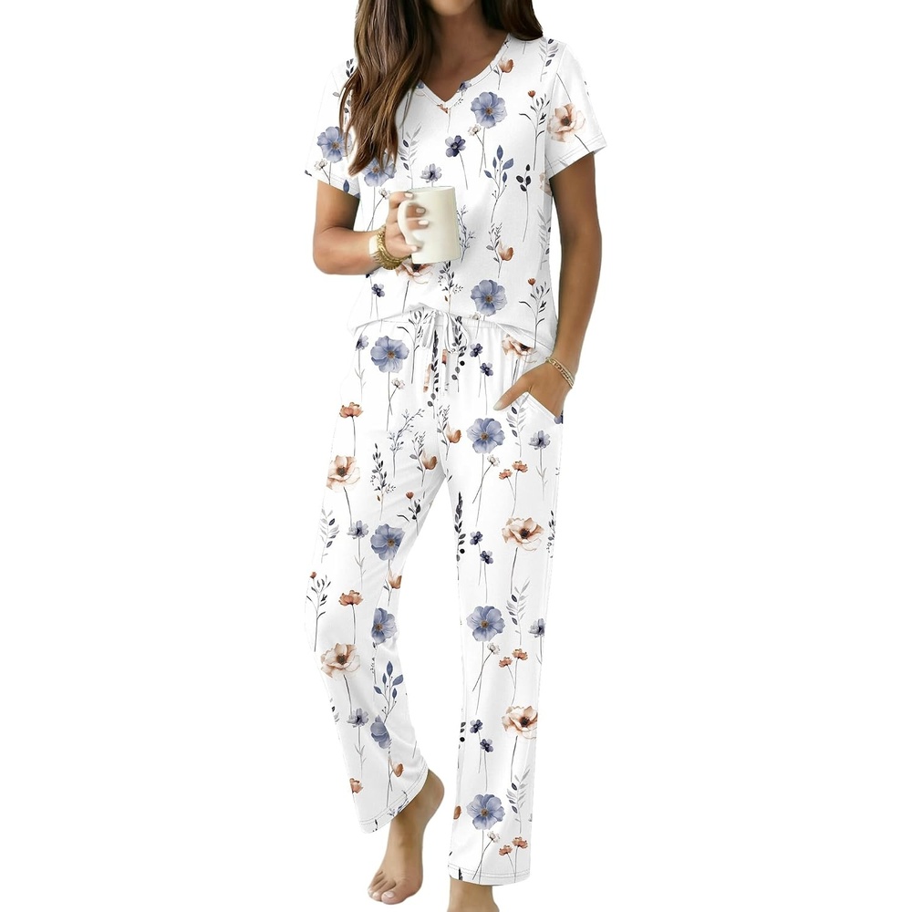 image:imageEkouaer 2 Piece Womens Pajamas Set Short Sleeve Pjs Print Pants Lounge Set Cute Ladies Pajamas for Women SetWide Leg Pants Summer Pjs with PocketsLoose Fit Vacation Matching Sets Gifts for WomenElegant White and Blue Flowers
