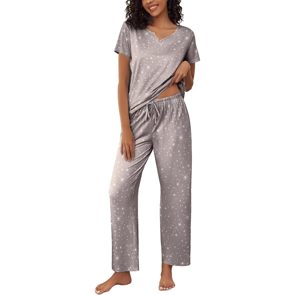 image:imageEkouaer 2 Piece Womens Pajamas Set Short Sleeve Pjs Print Pants Lounge Set Cute Ladies Pajamas for Women SetWide Leg Pants Summer Pjs with PocketsLoose Fit Vacation Matching Sets Gifts for WomenGrey Stars