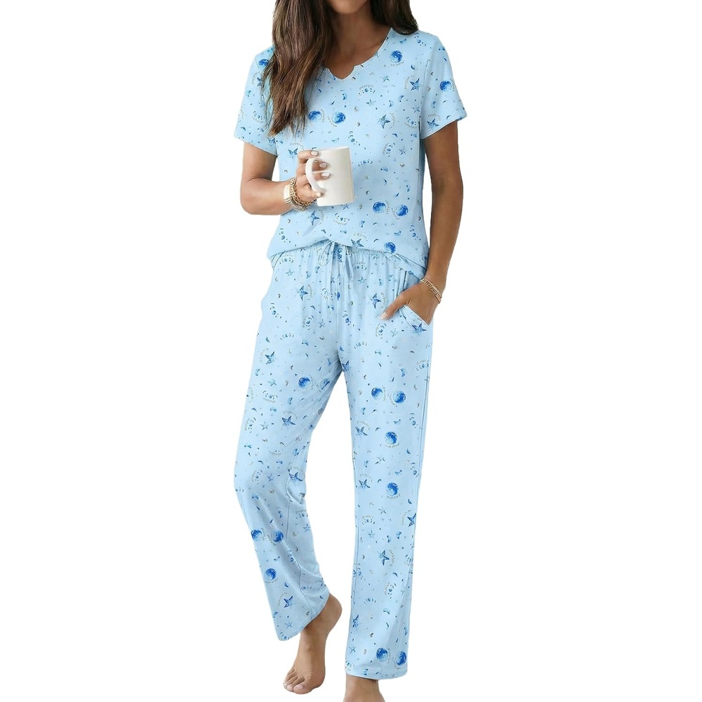 image:imageEkouaer 2 Piece Womens Pajamas Set Short Sleeve Pjs Print Pants Lounge Set Cute Ladies Pajamas for Women SetWide Leg Pants Summer Pjs with PocketsLoose Fit Vacation Matching Sets Gifts for WomenBlue Moon
