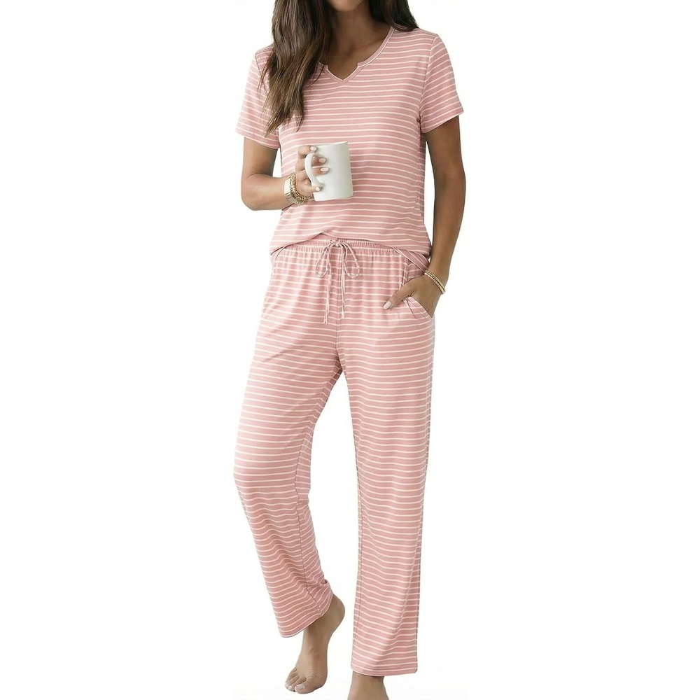 image:imageEkouaer 2 Piece Womens Pajamas Set Short Sleeve Pjs Print Pants Lounge Set Cute Ladies Pajamas for Women SetWide Leg Pants Summer Pjs with PocketsLoose Fit Vacation Matching Sets Gifts for WomenPink Stripes
