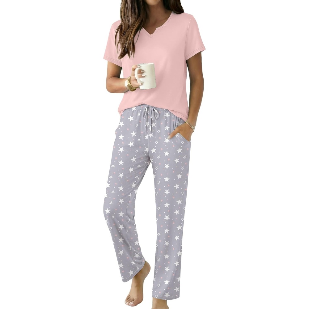 image:imageEkouaer 2 Piece Womens Pajamas Set Short Sleeve Pjs Print Pants Lounge Set Cute Ladies Pajamas for Women SetWide Leg Pants Summer Pjs with PocketsLoose Fit Vacation Matching Sets Gifts for WomenPink and Gray Stars
