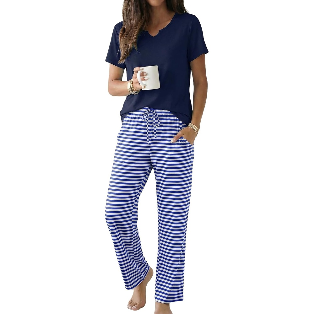 image:imageEkouaer 2 Piece Womens Pajamas Set Short Sleeve Pjs Print Pants Lounge Set  Cute Ladies Pajamas for Women SetWide Leg Pants Summer Pjs with PocketsLoose Fit Vacation Matching Sets Gifts for WomenBlue Stripe