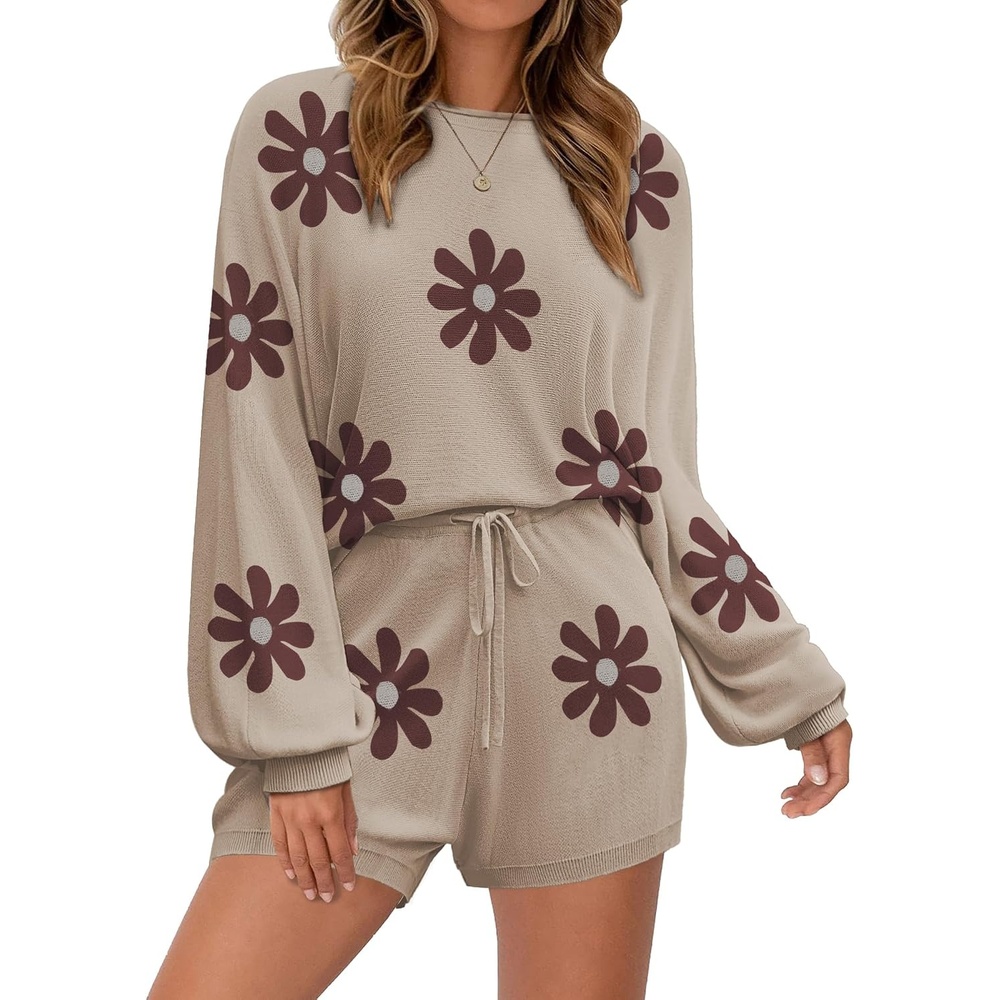 image:imageEkouaer Knit Pajamas Set for Women Lounge Sets Long Sleeve SweatsuitFloral Khaki