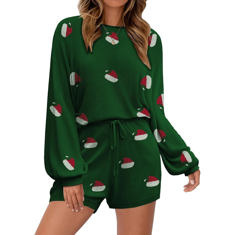 image:imageEkouaer Knit Pajamas Set for Women Lounge Sets Long Sleeve SweatsuitGreen Santa Hat