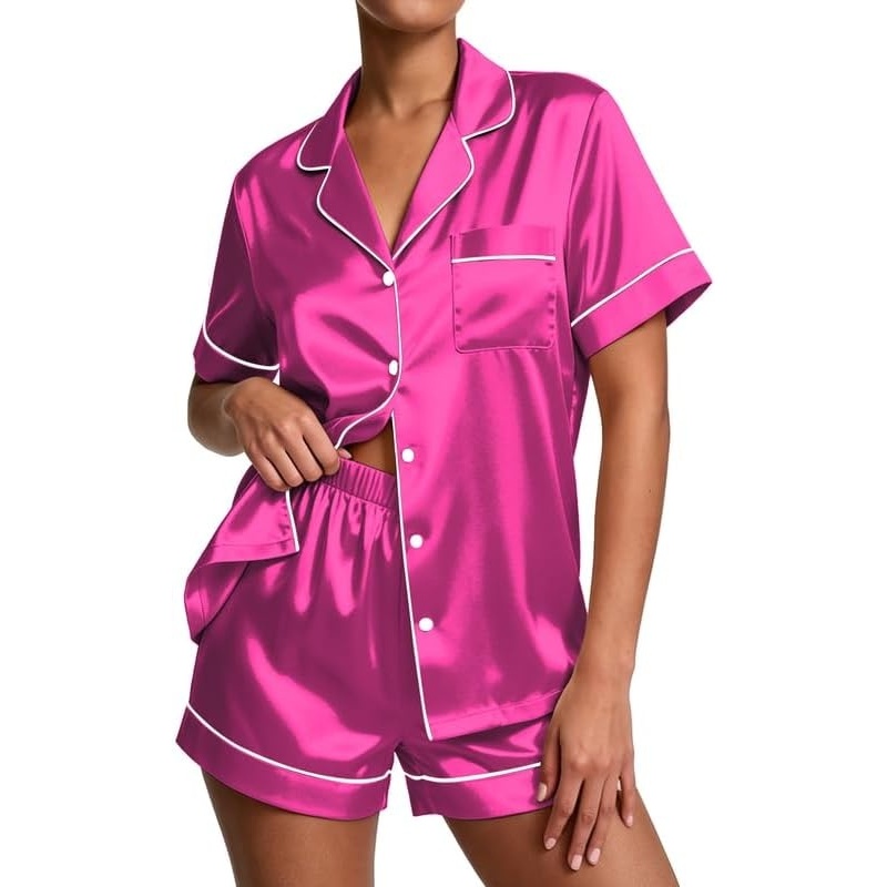 image:imageEkouaer Pajamas for Women Set Silk Satin Pjs 2 Piece Button Down Sleepwear Classic Notch Collar PjsSoft Casual SleepwearLoungewear Top and Shorts for Bridal GiftsDaily WearPartyVacationPitaya Purple