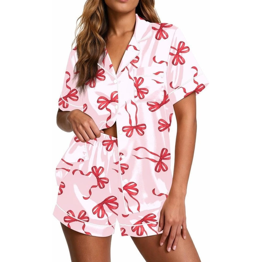 image:imageEkouaer Pajamas for Women Set Silk Satin Pjs 2 Piece Button Down Sleepwear  Classic Notch Collar PjsSoft Casual SleepwearLoungewear Top and Shorts for Bridal GiftsDaily WearPartyVacationRed Bow
