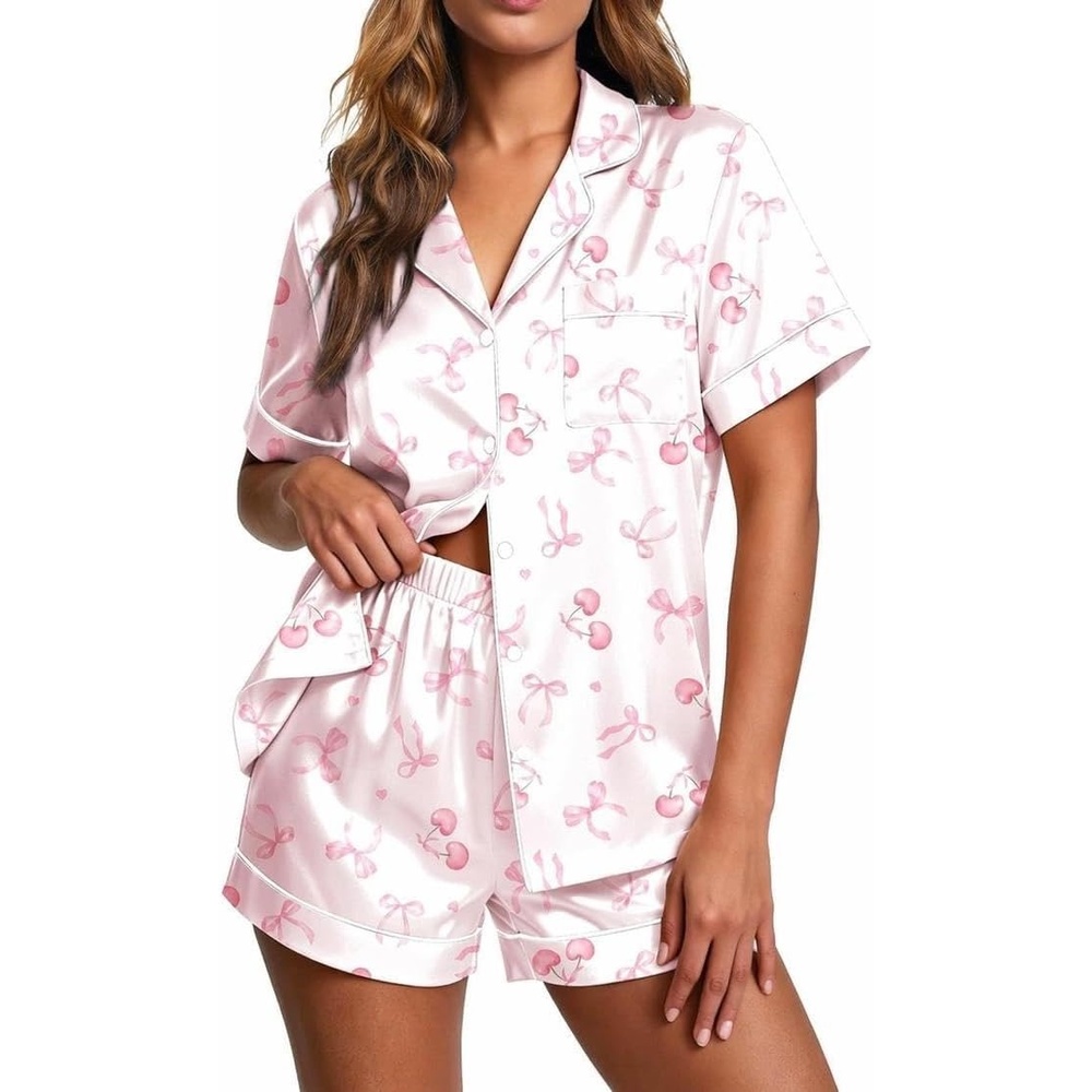 image:imageEkouaer Pajamas for Women Set Silk Satin Pjs 2 Piece Button Down Sleepwear Classic Notch Collar PjsSoft Casual SleepwearLoungewear Top and Shorts for Bridal GiftsDaily WearPartyVacationCherry Bow