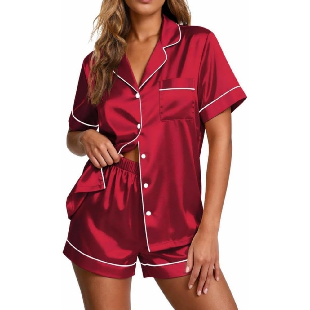 image:imageEkouaer Pajamas for Women Set Silk Satin Pjs 2 Piece Button Down Sleepwear  Classic Notch Collar PjsSoft Casual SleepwearLoungewear Top and Shorts for Bridal GiftsDaily WearPartyVacationWine
