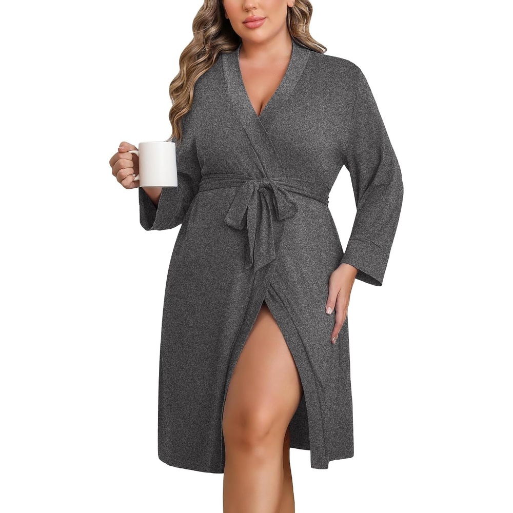 image:imageEkouaer Women Plus Size Robe Knee Length Lightweight Bathrobe Short Kimono Robes with Pockets Maternity Robe V NeckKnee LengthKimonoSoftComfyMaternity RobesDark Grey