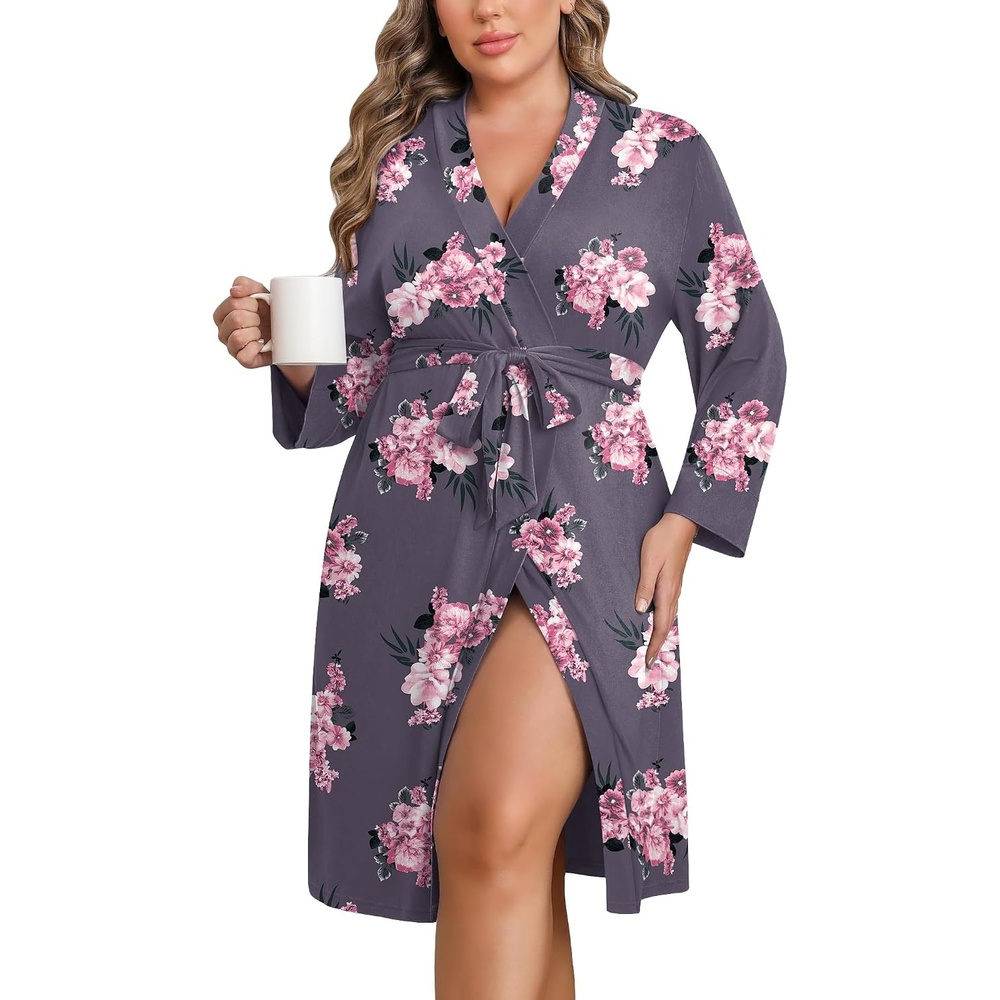 image:imageEkouaer Women Plus Size Robe Knee Length Lightweight Bathrobe Short Kimono Robes with Pockets Maternity Robe  V NeckKnee LengthKimonoSoftComfyMaternity RobesPurple Flower