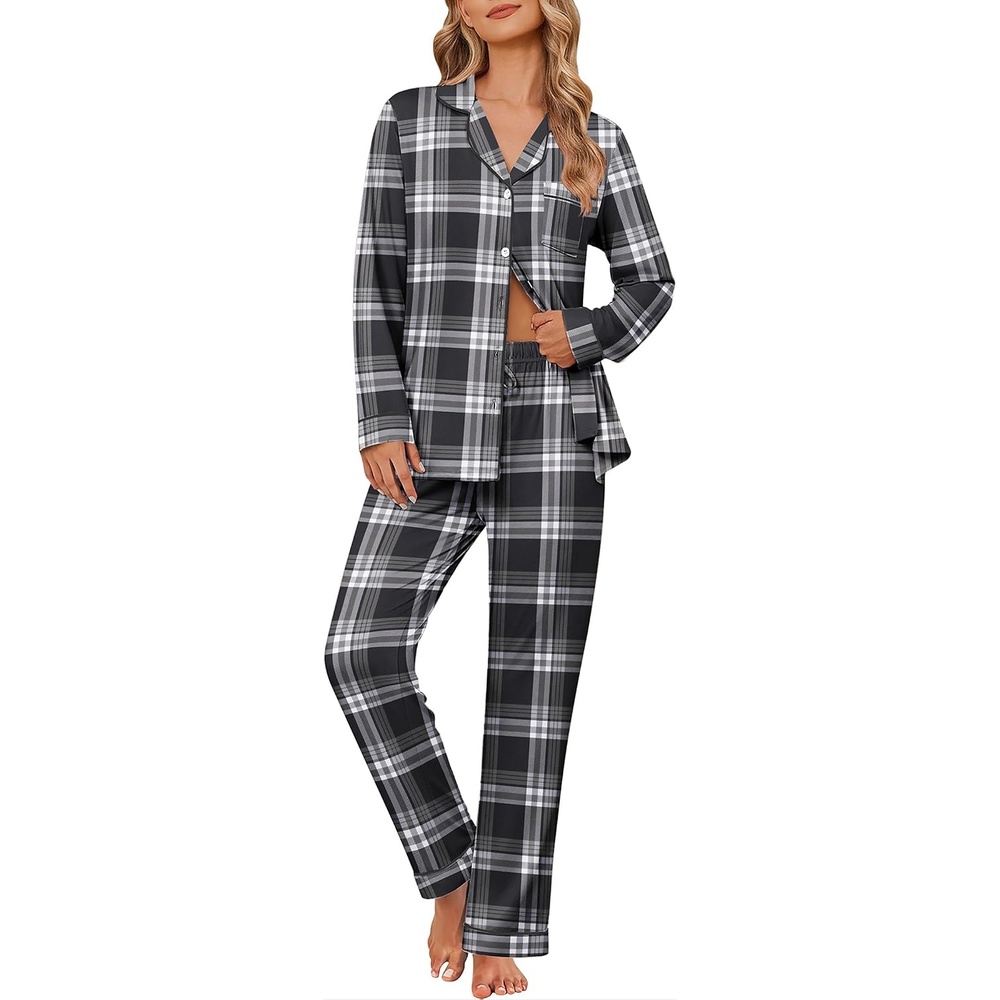 image:imageEkouaer Womens Pajama Sets Button Down Long Sleeve amp Pants loungewearGrey Plaid