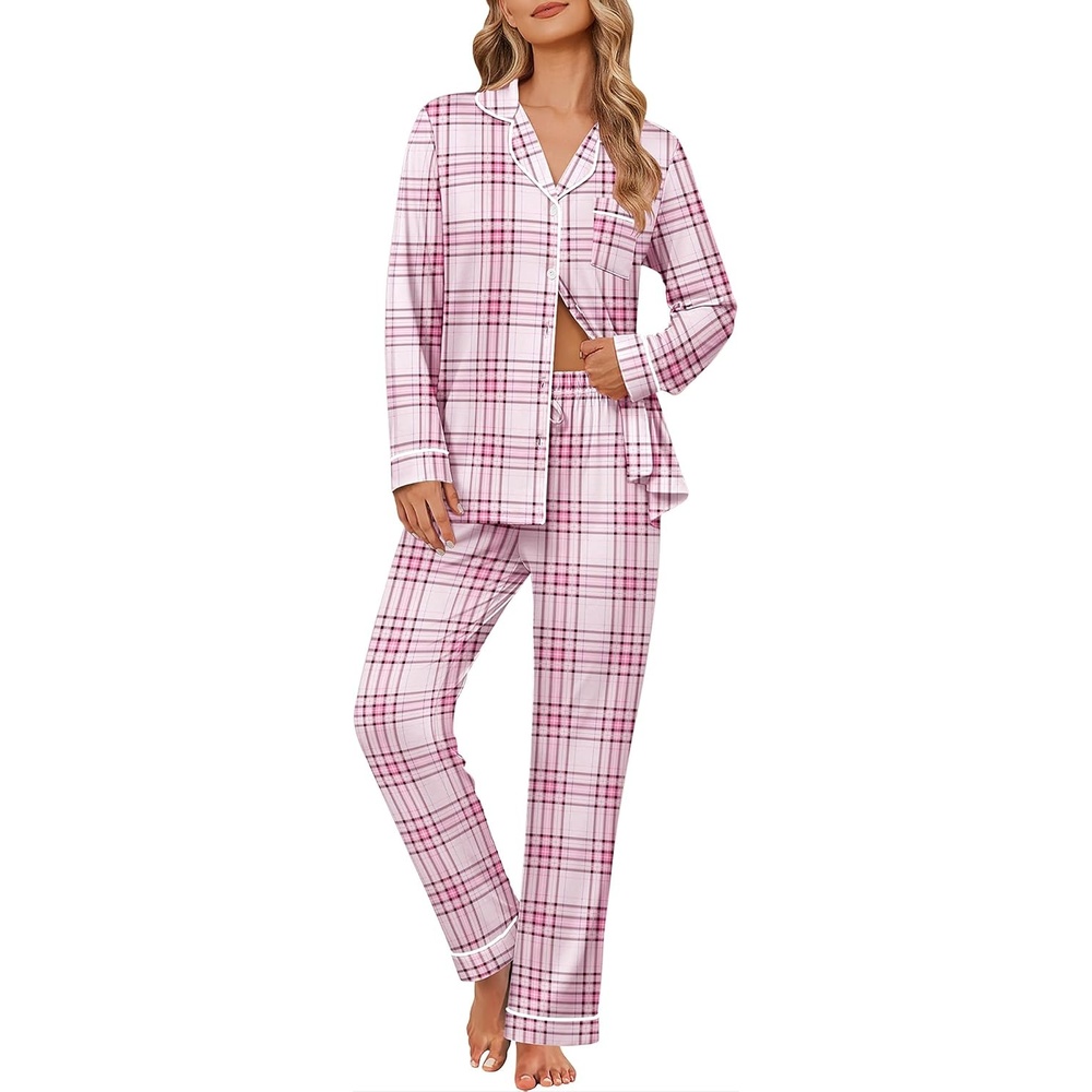 image:imageEkouaer Womens Pajama Sets Button Down Long Sleeve amp Pants loungewearPink White Plaid
